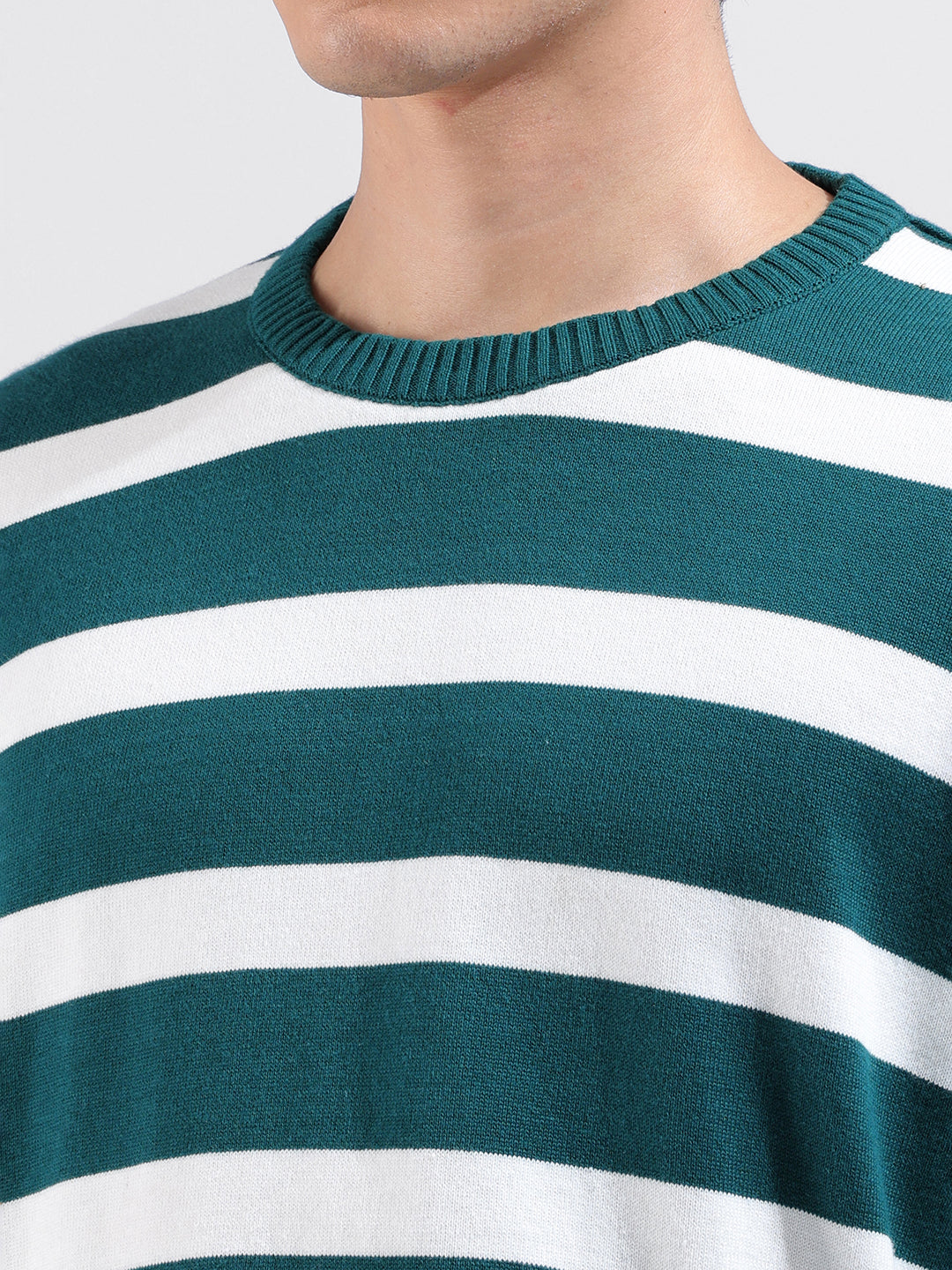 Men's Green Oversized Fit Textured Flat Knit Crew Neck T-Shirt