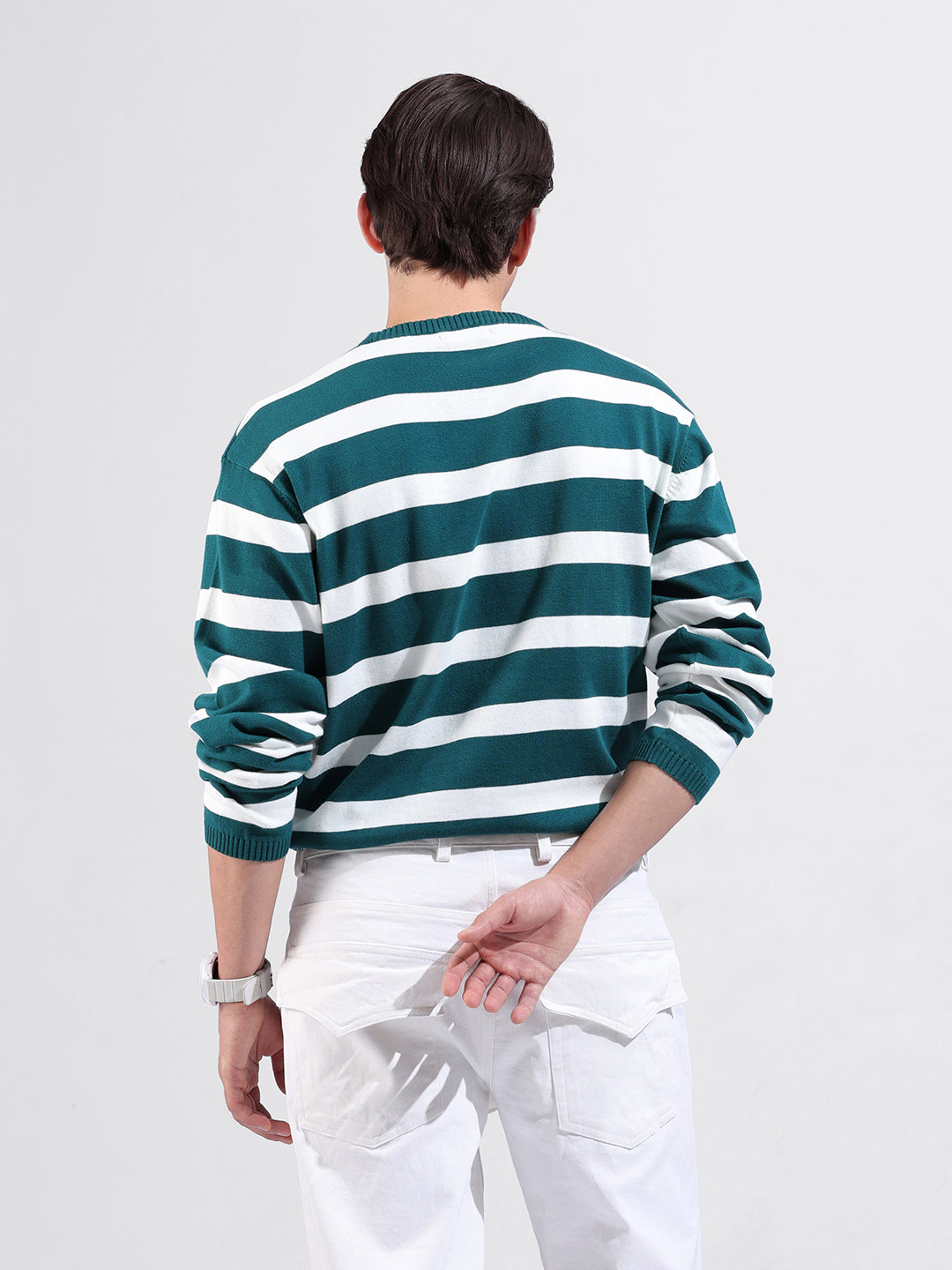 Men's Green Oversized Fit Textured Flat Knit Crew Neck T-Shirt