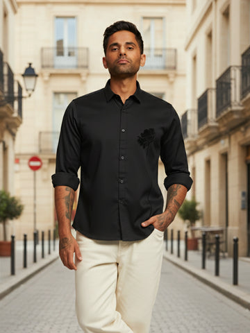 Men's Black Slim Fit Embraided Party Wear Shirt