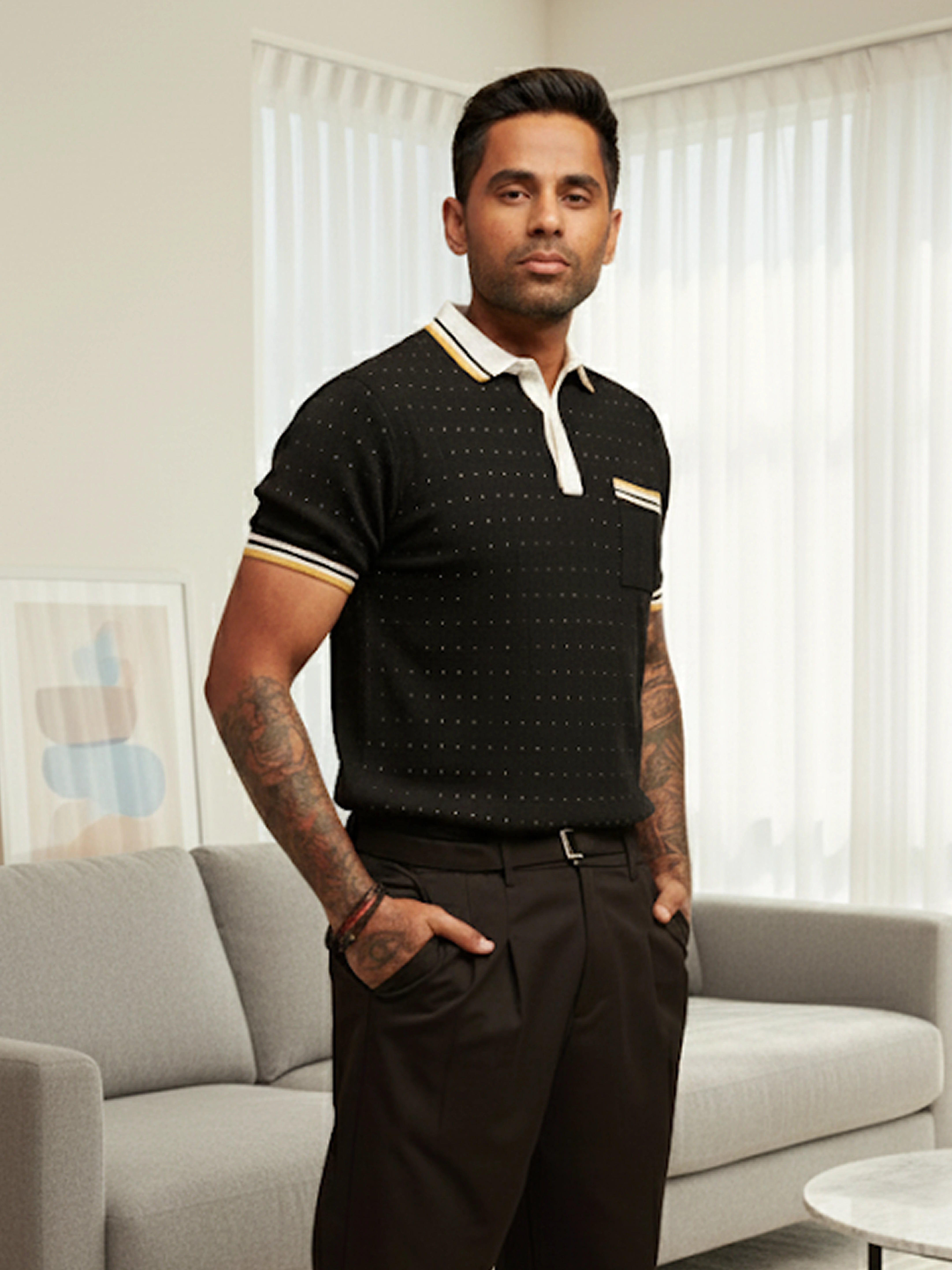Men's Black Slim Fit Textured Flat Knit Polo Collar T-Shirt
