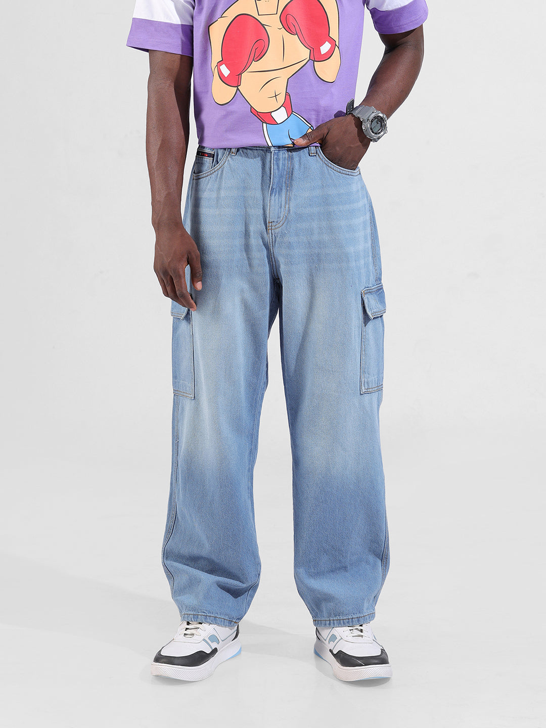 Men's Navy Baggy Solid Mid-Rise Cargo Jeans