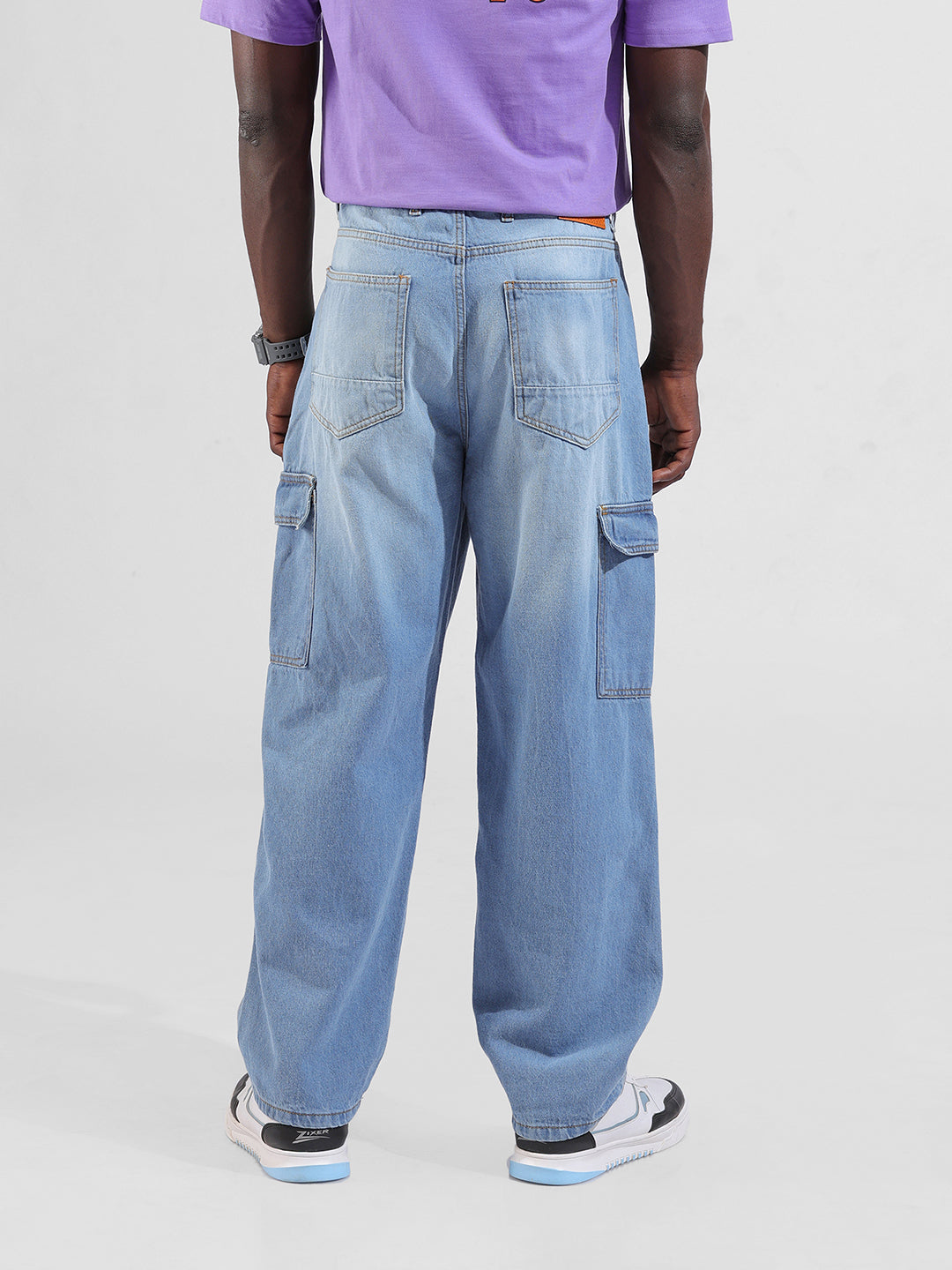 Men's Navy Baggy Solid Mid-Rise Cargo Jeans