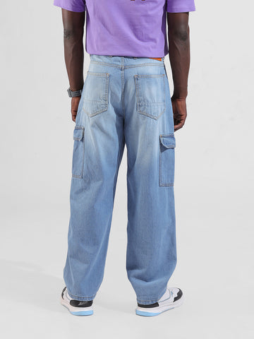Men's Navy Baggy Solid Mid-Rise Cargo Jeans