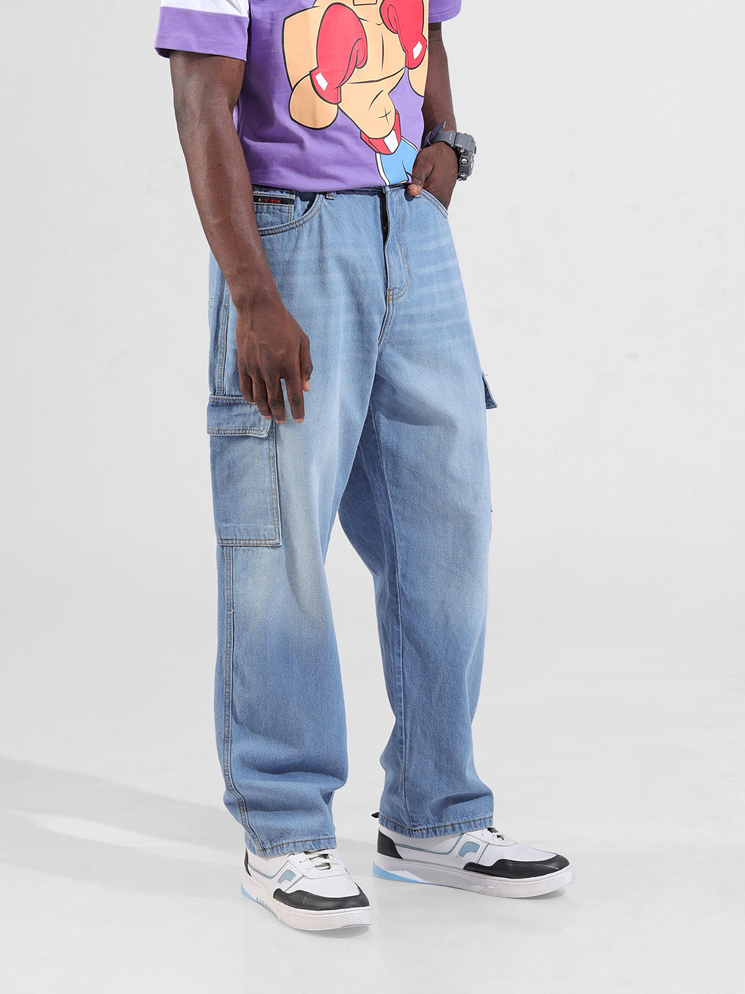 Men's Navy Baggy Solid Mid-Rise Cargo Jeans