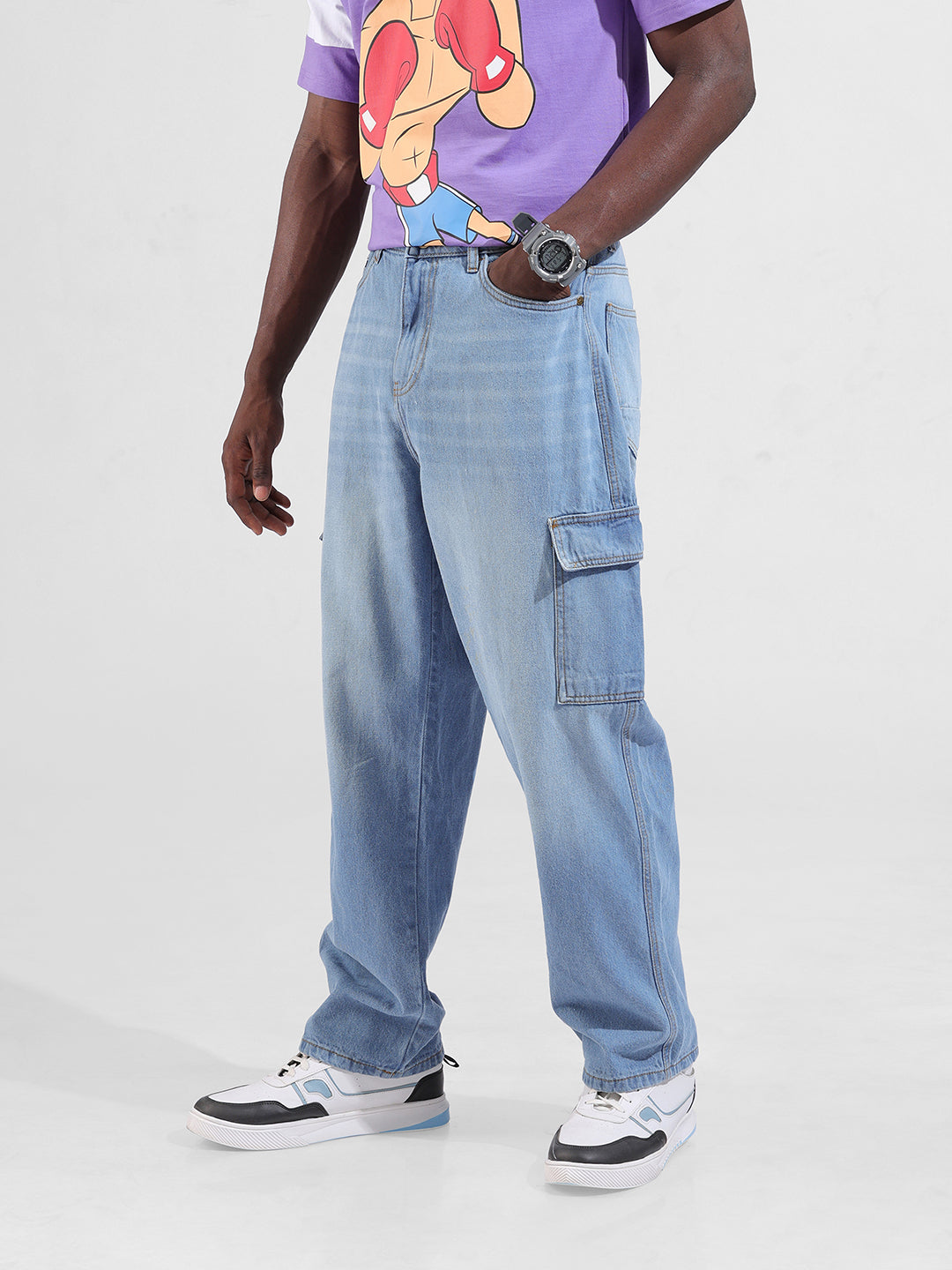 Men's Navy Baggy Solid Mid-Rise Cargo Jeans