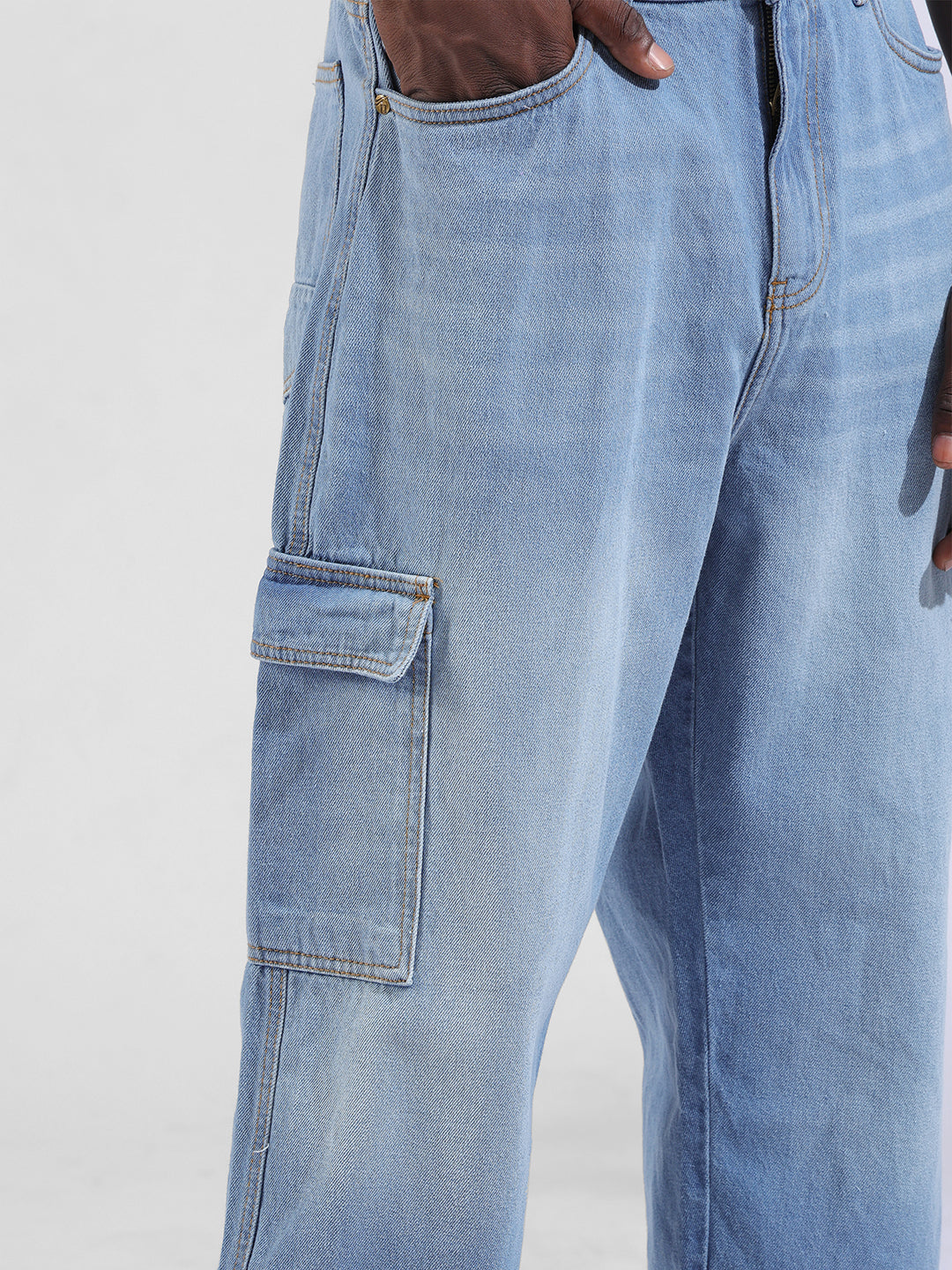 Men's Navy Baggy Solid Mid-Rise Cargo Jeans