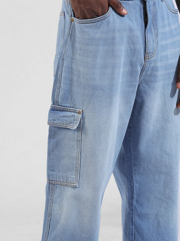 Men's Navy Baggy Solid Mid-Rise Cargo Jeans