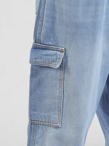 Men's Navy Baggy Solid Mid-Rise Cargo Jeans