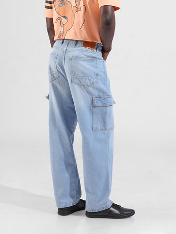 Men's Blue Baggy Solid Mid-Rise Cargo Jeans