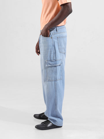 Men's Blue Baggy Solid Mid-Rise Cargo Jeans