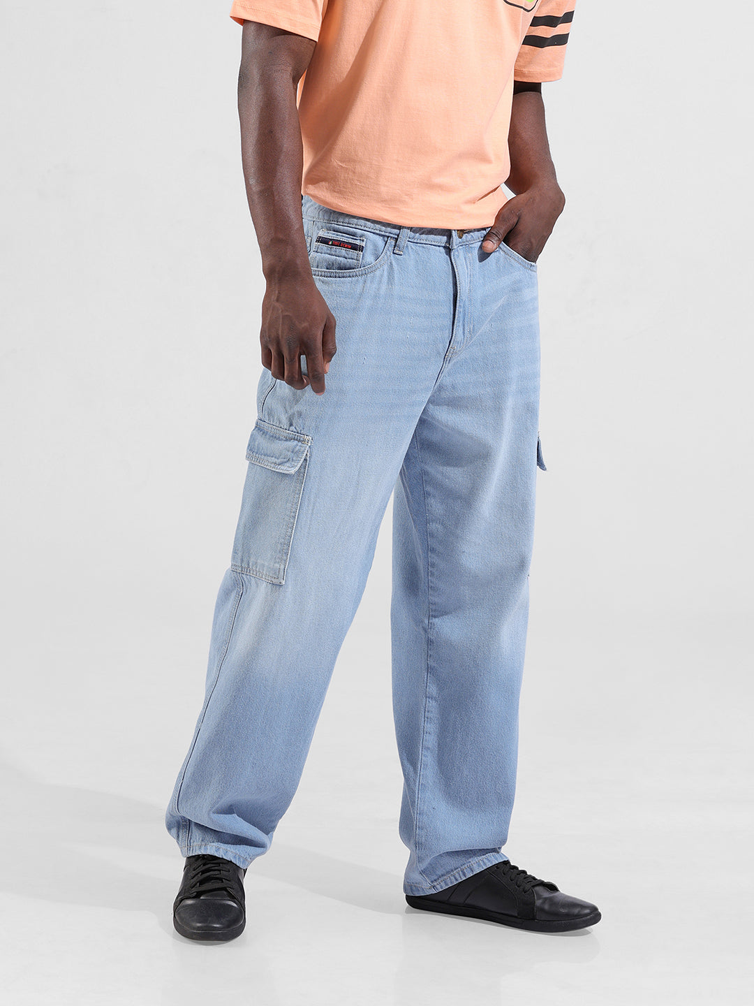 Men's Blue Baggy Solid Mid-Rise Cargo Jeans