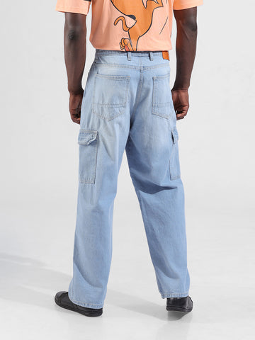 Men's Blue Baggy Solid Mid-Rise Cargo Jeans