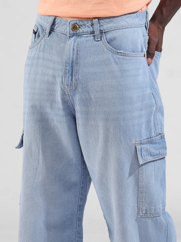 Men's Blue Baggy Solid Mid-Rise Cargo Jeans