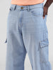 Men's Blue Baggy Solid Mid-Rise Cargo Jeans