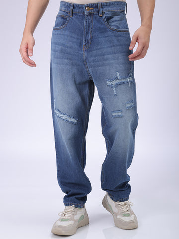 Men's Blue Loose Tapered Distressed Mid-Rise Jeans