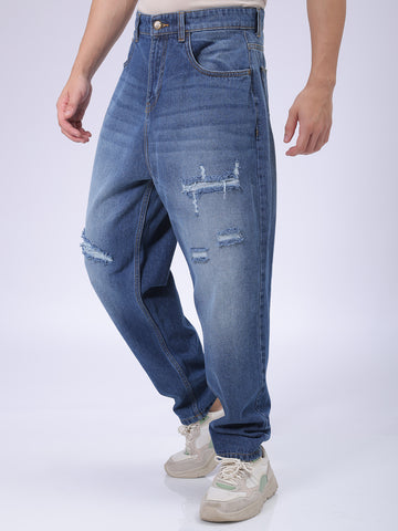 Men's Blue Loose Tapered Distressed Mid-Rise Jeans