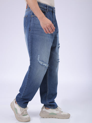 Men's Blue Loose Tapered Distressed Mid-Rise Jeans