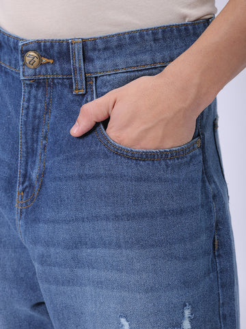 Men's Blue Loose Tapered Distressed Mid-Rise Jeans