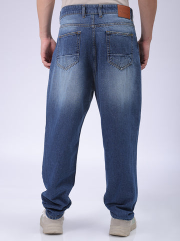 Men's Blue Loose Tapered Distressed Mid-Rise Jeans