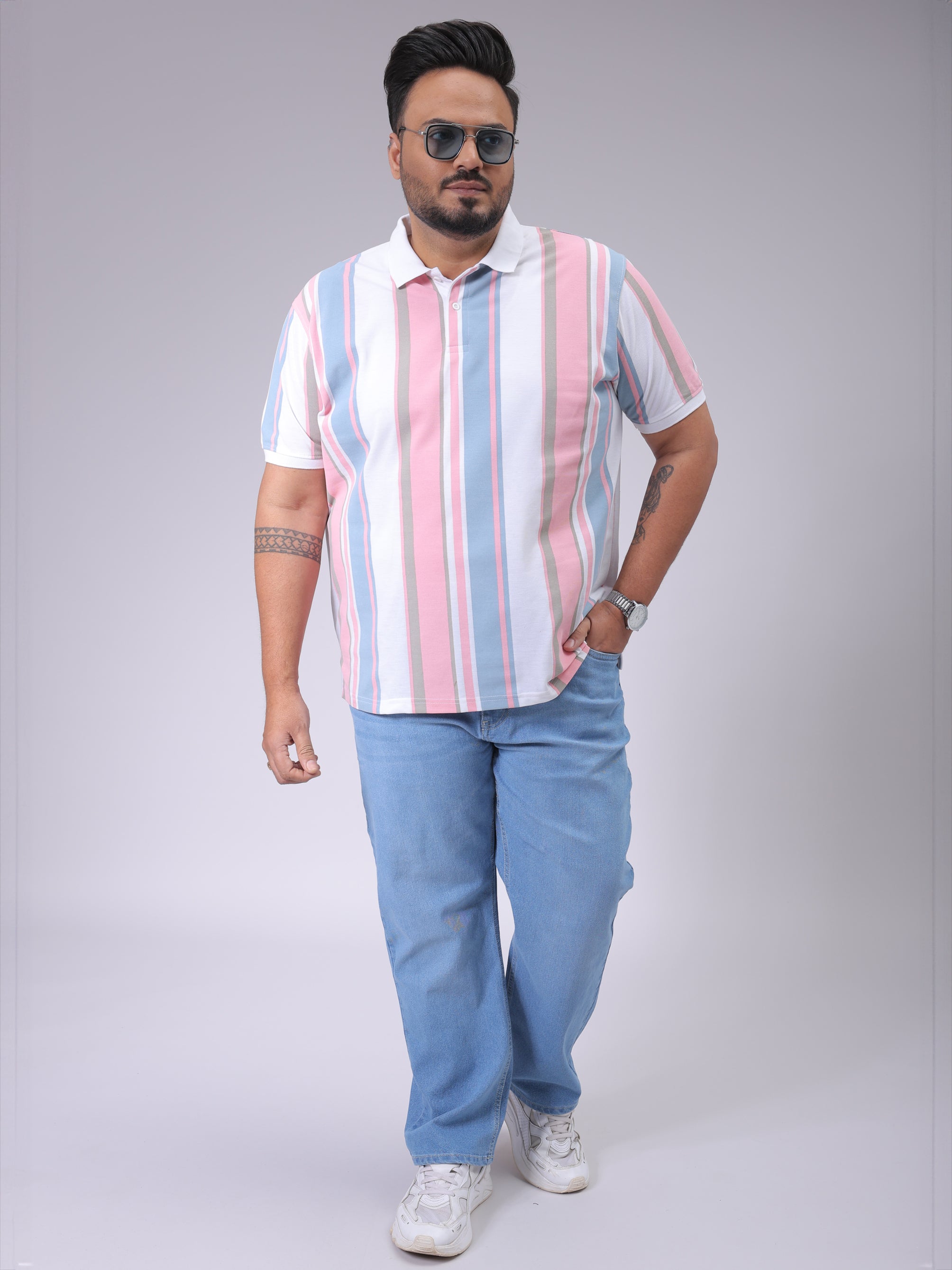 Men's Blue Regular Fit Striped Polo Plus Size T-shirt