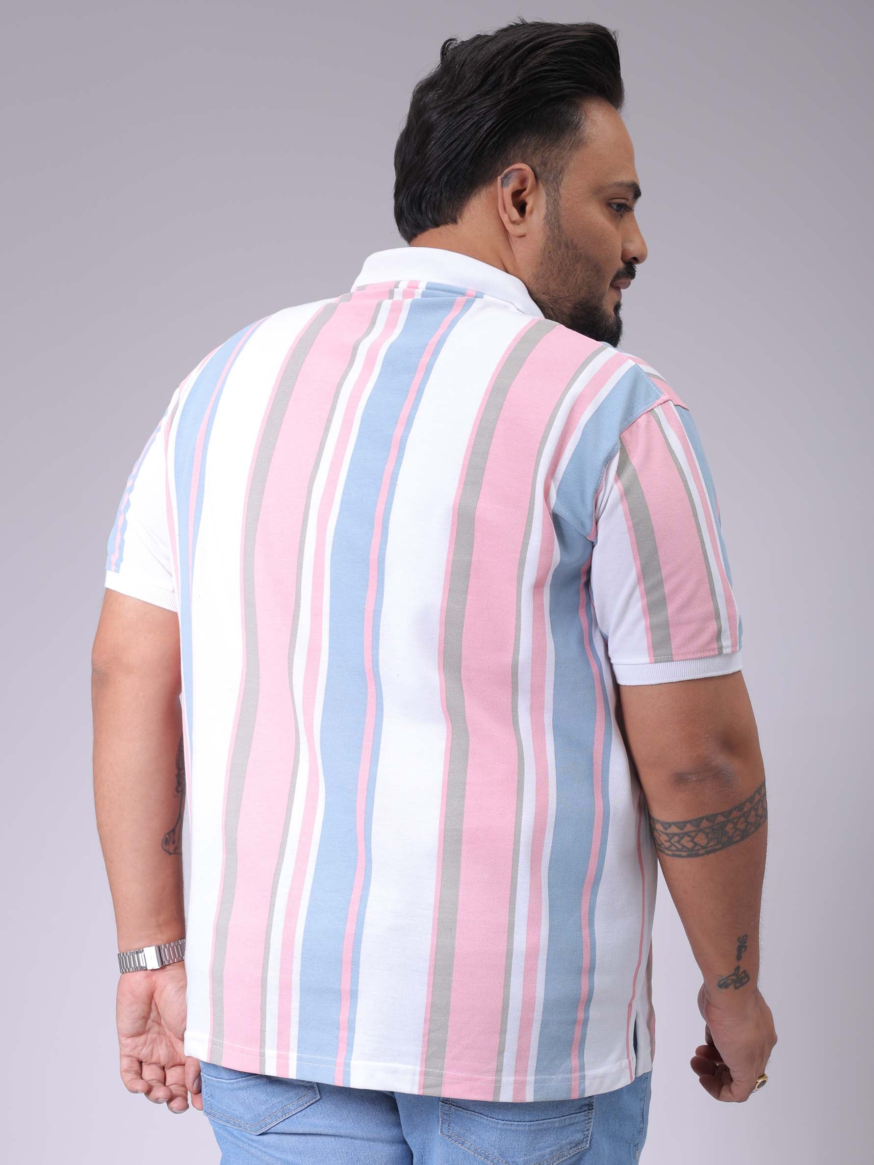 Men's Blue Regular Fit Striped Polo Plus Size T-shirt