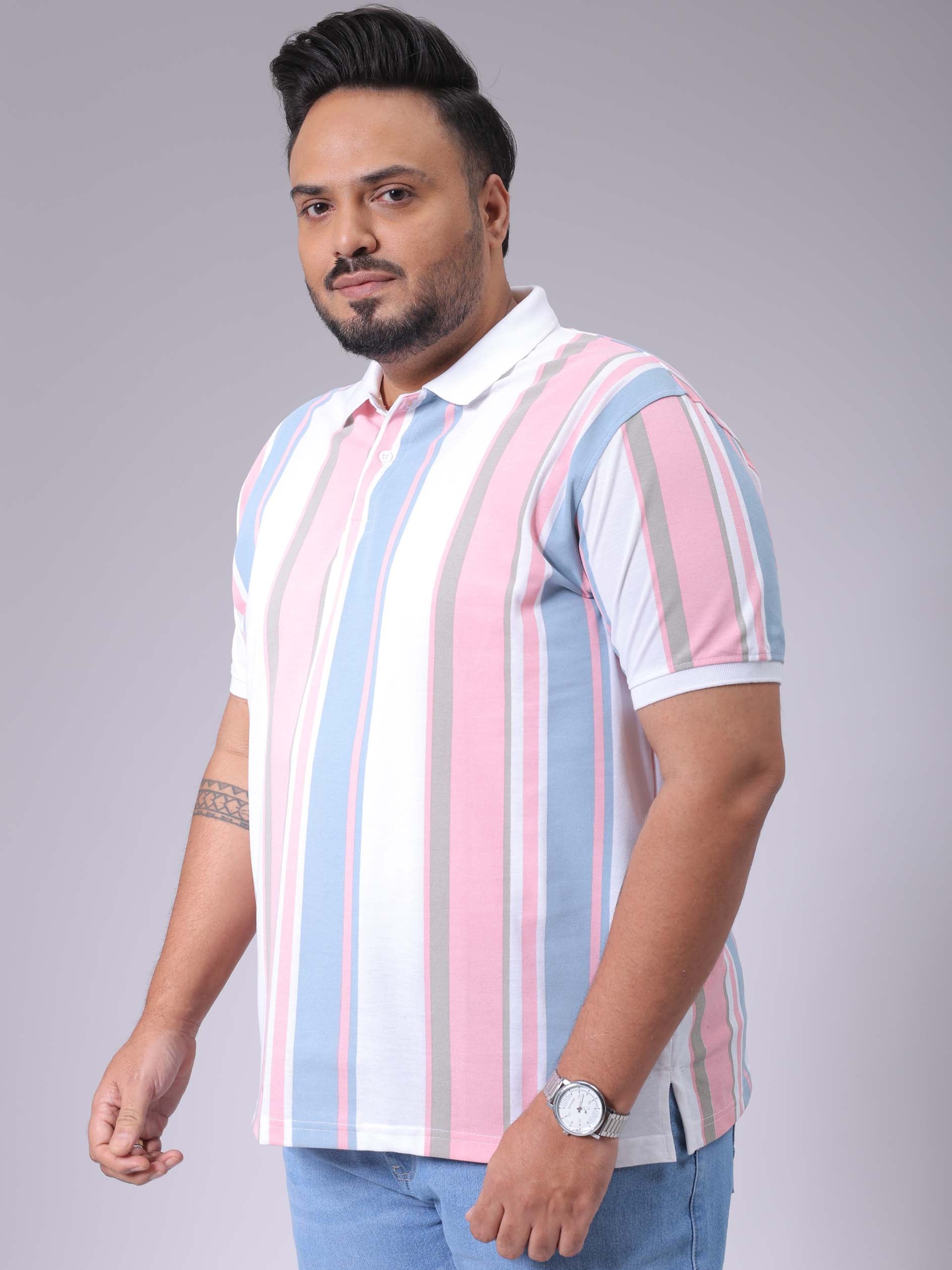 Men's Blue Regular Fit Striped Polo Plus Size T-shirt