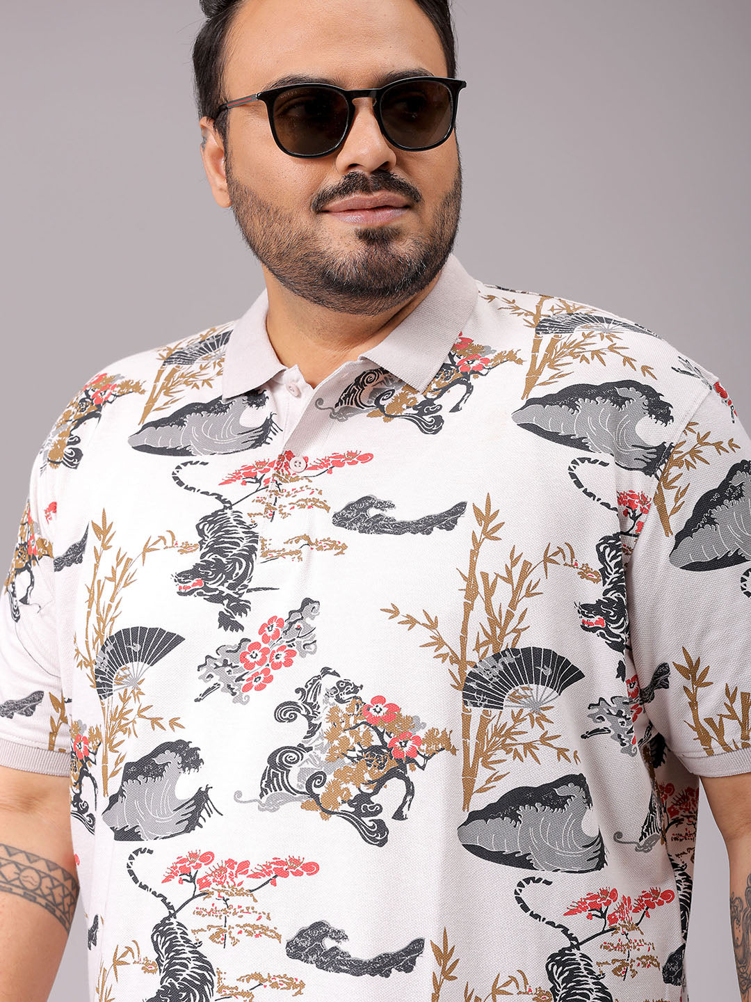 Men's Beige Regular Fit Printed Polo Plus Size T-shirt