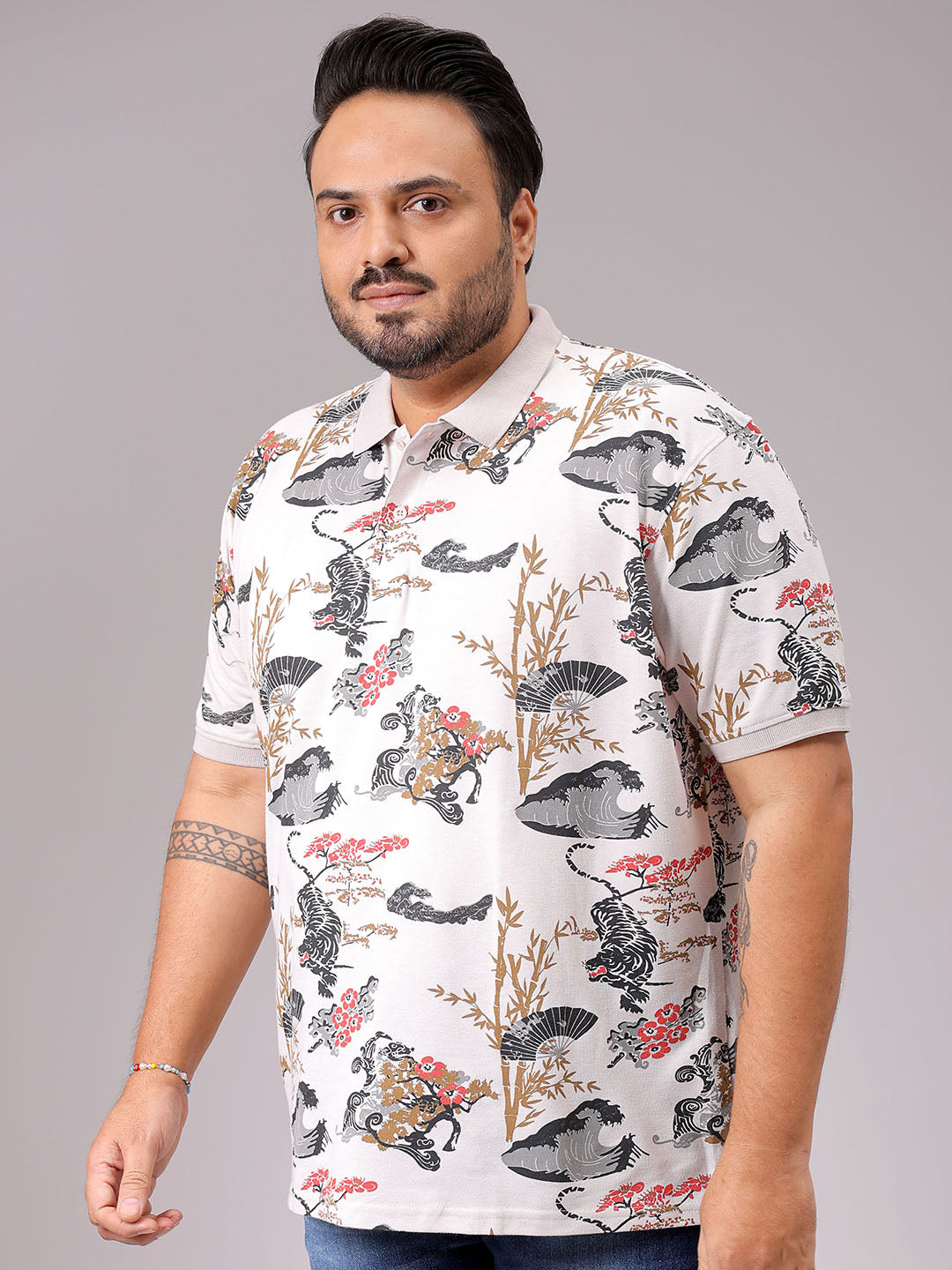 Men's Beige Regular Fit Printed Polo Plus Size T-shirt