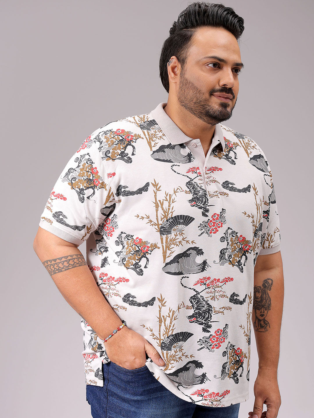 Men's Beige Regular Fit Printed Polo Plus Size T-shirt