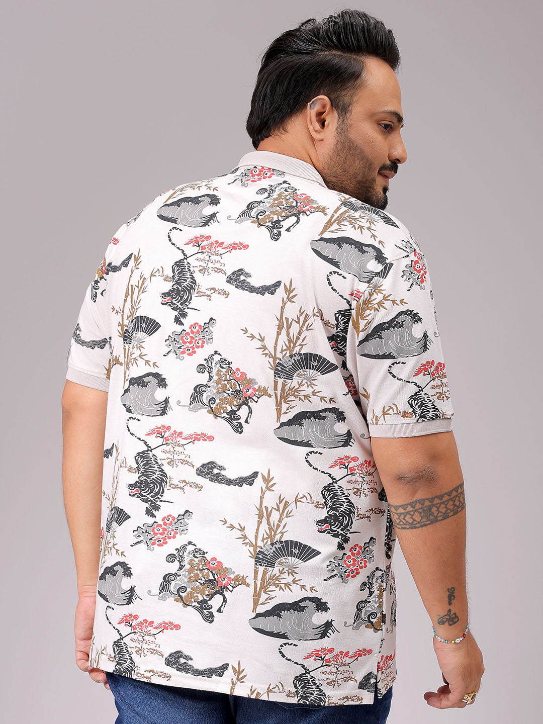 Men's Beige Regular Fit Printed Polo Plus Size T-shirt