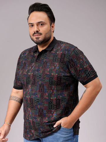 Men's Black Regular Fit Printed Polo Plus Size T-shirt