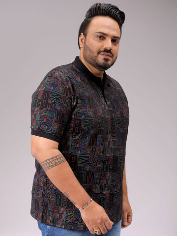 Men's Black Regular Fit Printed Polo Plus Size T-shirt