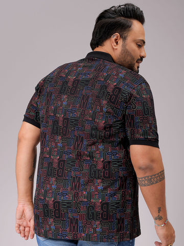 Men's Black Regular Fit Printed Polo Plus Size T-shirt