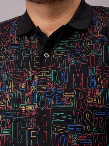Men's Black Regular Fit Printed Polo Plus Size T-shirt