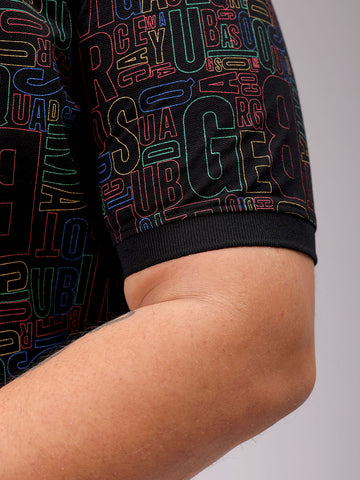 Men's Black Regular Fit Printed Polo Plus Size T-shirt