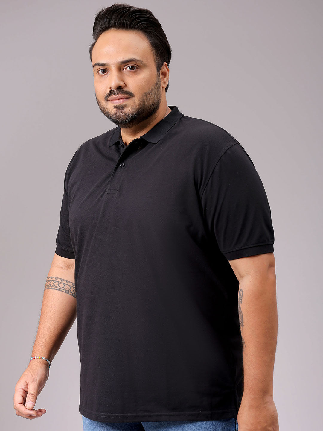 Men's Black Regular Fit Back Printed Polo Plus Size T-shirt