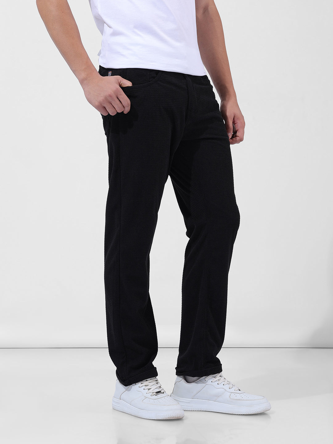 Men's Black Straight Fit Textured Casual Trouser