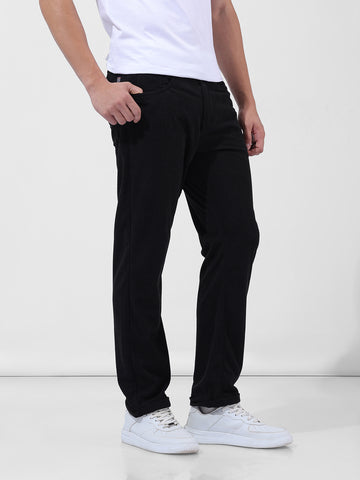 Men's Black Straight Fit Textured Casual Trouser