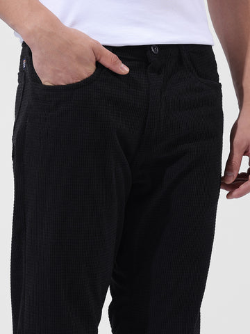 Men's Black Straight Fit Textured Casual Trouser