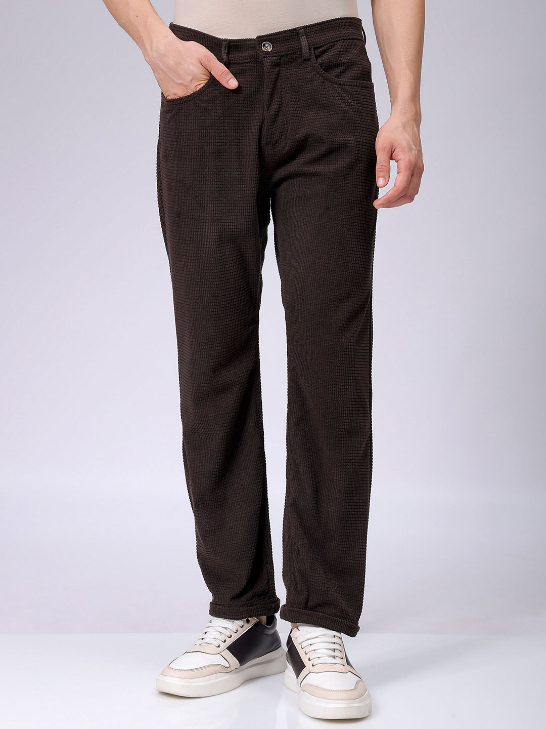 Men's Choco Straight Fit Textured Casual Trouser