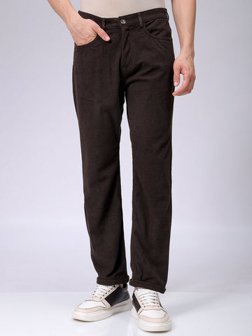 Men's Brown Straight Fit Textured Mid-Rise Trousers