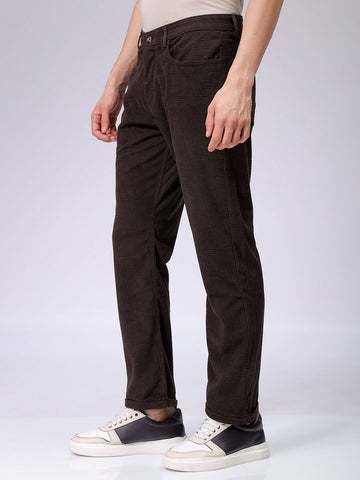 Men's Brown Straight Fit Textured Mid-Rise Trousers
