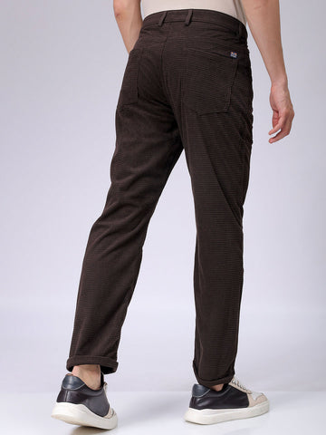 Men's Brown Straight Fit Textured Mid-Rise Trousers