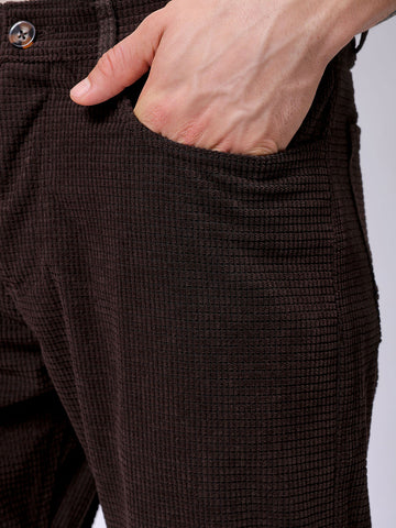 Men's Brown Straight Fit Textured Mid-Rise Trousers