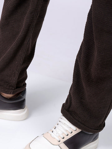 Men's Brown Straight Fit Textured Mid-Rise Trousers