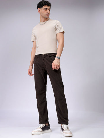 Men's Brown Straight Fit Textured Mid-Rise Trousers