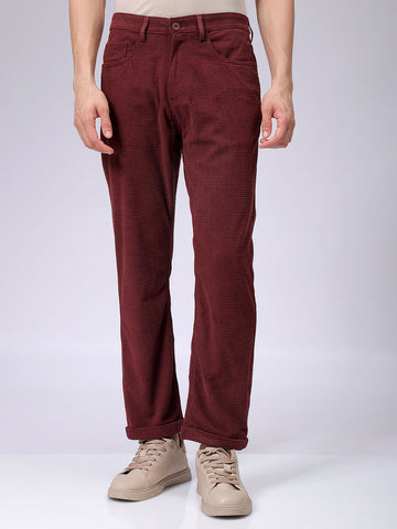 Men's Burgundy Straight Fit Textured Mid-Rise Trousers