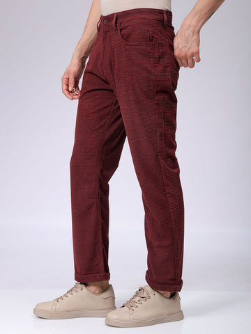 Men's Burgundy Straight Fit Textured Mid-Rise Trousers