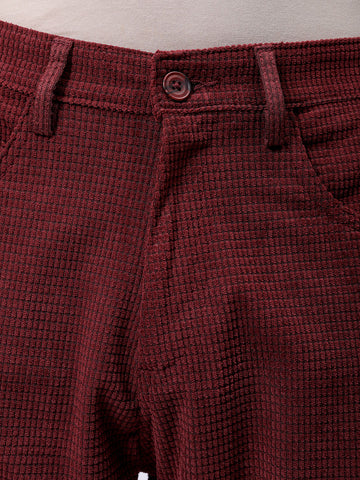 Men's Burgundy Straight Fit Textured Mid-Rise Trousers