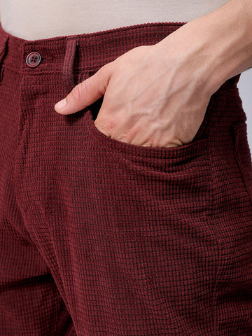 Men's Burgundy Straight Fit Textured Mid-Rise Trousers